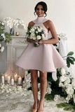 high neck satin short blush short mini bridesmaid dresses with bowknot