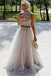 high neck tulle beaded two piece prom dress with keyhole back