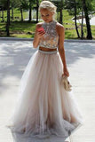 high neck tulle beaded two piece prom dress with keyhole back mp907
