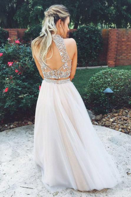 high neck tulle beaded two piece prom dress with keyhole back