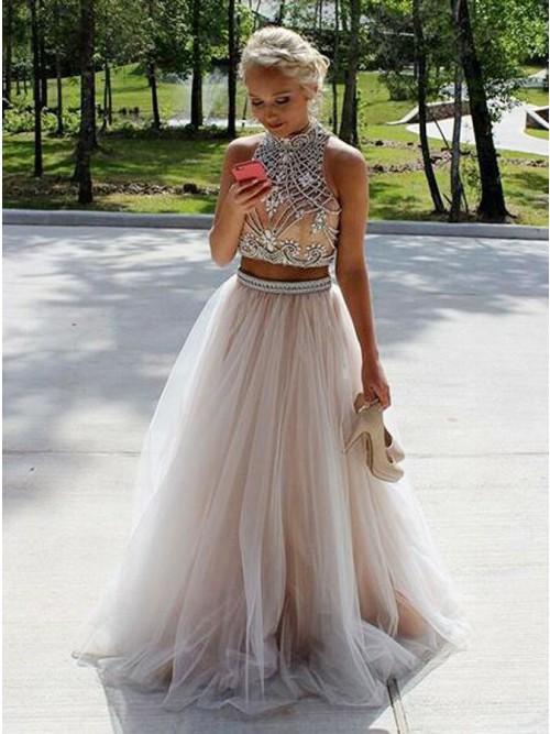 high neck tulle beaded two piece prom dress with keyhole back