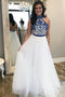 High Neck White Blue Embroidery Long Backless Prom Dress GP08