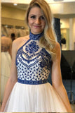 high neck white blue embroidery long backless prom dress