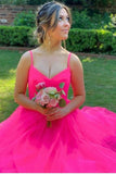 hot pink a line v neck long prom dress tulle preppy graduation dress