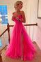 Hot Pink A-line V-neck Long Prom Dress, Tulle Preppy Graduation Dress GP195