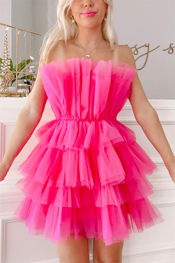 hot pink hoco dress short tiered tulle sleeveless short party dress