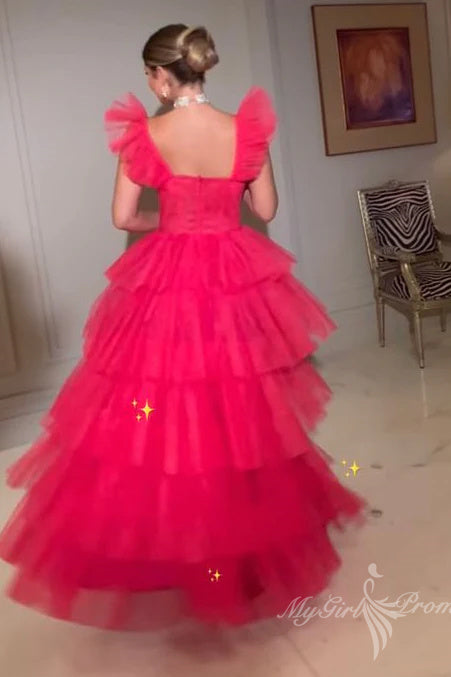 Hot Pink Layered Tulle Prom Dresses Long Formal Evening Dress GP470