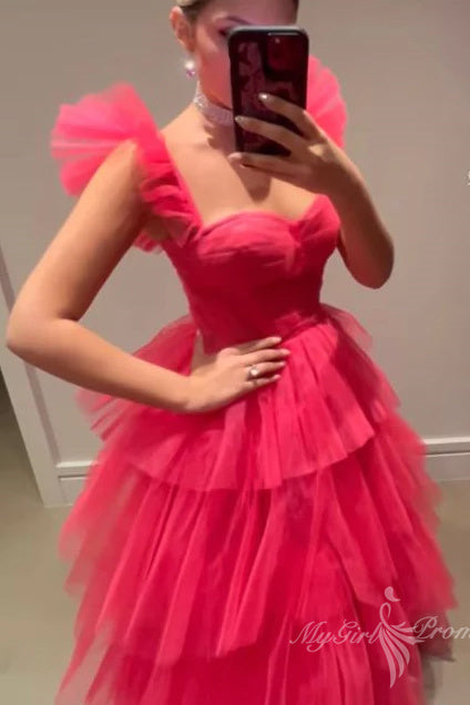 Hot Pink Layered Tulle Prom Dresses Long Formal Evening Dress GP470