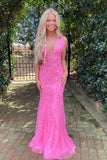 mermaid tulle v neck prom dress with lace appliques pink graduation gown