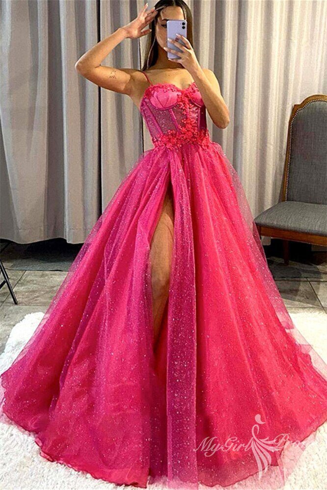Hot Pink Sequined Appliques Long Prom Dresses, Spaghetti strap Formal Gown With Slit GP449
