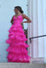 hot pink spaghetti straps tiered long prom dress chiffon graduation dress