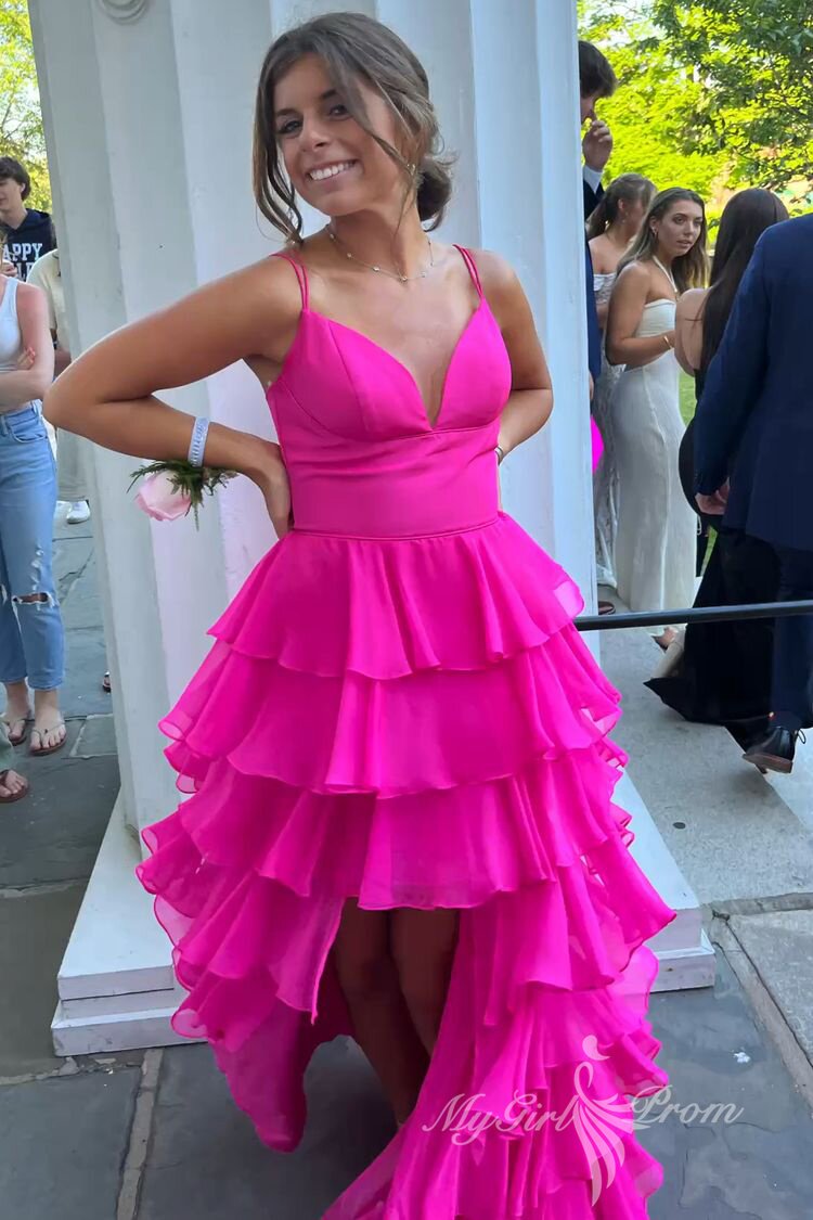 Hot Pink Spaghetti Straps Tiered Long Prom Dress Chiffon Graduation Dress GP455