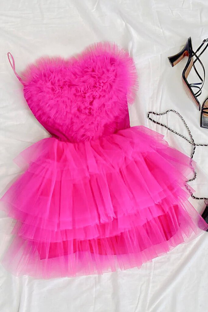 hot pink strapless heart shape tulle tiered homecoming dress