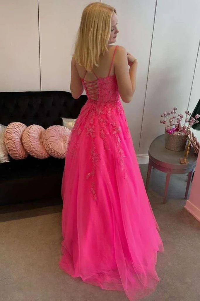 A-line Hot Pink Tulle Lace Prom Dresses, Appliques Long Evening Dresses GP357