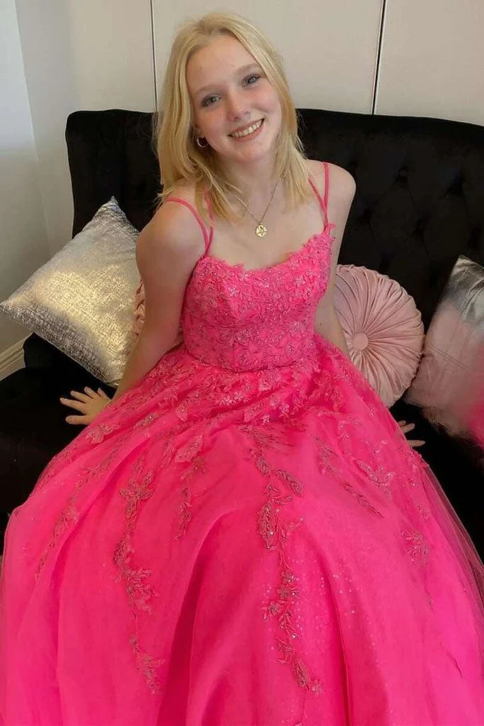 a line hot pink tulle lace appliques prom dresses long evening dresses