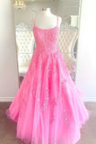 A-line Pink Tulle Lace Prom Dresses, Appliques Long Evening Dresses GP357