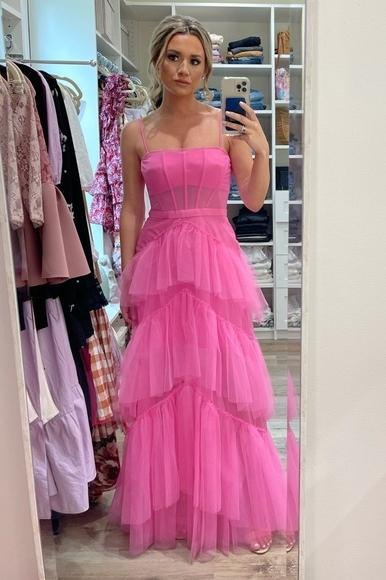 Princess Hot Pink Long Prom Dress Layered Tulle Sleeveless Corset Gown –  Plano Bridal