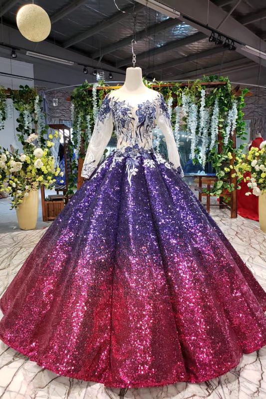 Sparkly Long Sleeve Ball Gown Sequins Ombre Quinceanera Dresses With Appliques MP186