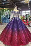 Sparkly Long Sleeve Ball Gown Sequins Ombre Quinceanera Dresses With Appliques MP186