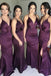 purple elastic satin v neck mermaid prom dress long bridesmaid dresses