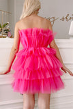 Hot Pink Hoco Dress Short Tiered Tulle Sleeveless Short Party Dress GM583