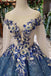 glitter beaded appliques long sleeves blue ball gown quinceanera gown