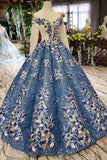 Glitter Beaded Appliques Long Sleeves Blue Ball Gown Quinceanera Gown MP343