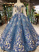 glitter beaded appliques long sleeves blue ball gown quinceanera gown