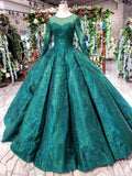 Princess Green Quinceanera Gown Beaded Appliques Long Sleeves Ball Gown MP342