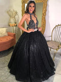 Glitter Halter Beads Black Prom Dresses, A Line Sequins Sleeveless Evening Dresses MP87