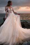 Boho Wedding Dress Illusion Long Sleeves Backless Lace Tulle Bridal Gowns PW417