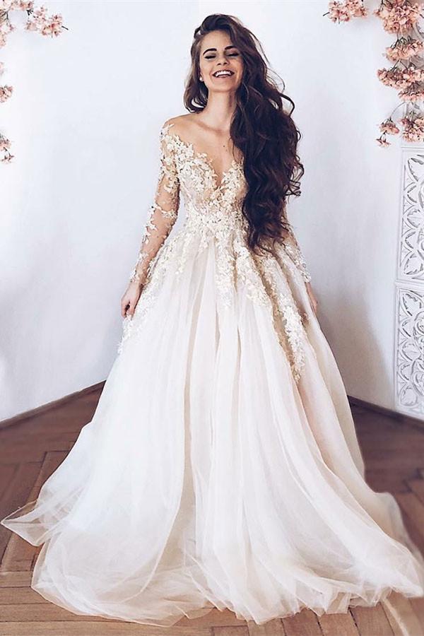 illusion round neck long sleeves tulle prom wedding dress with appliques