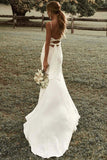 Ivory Spaghetti Straps Sheath Beach Wedding Dresses, Simple Slit Wedding Dress PW475
