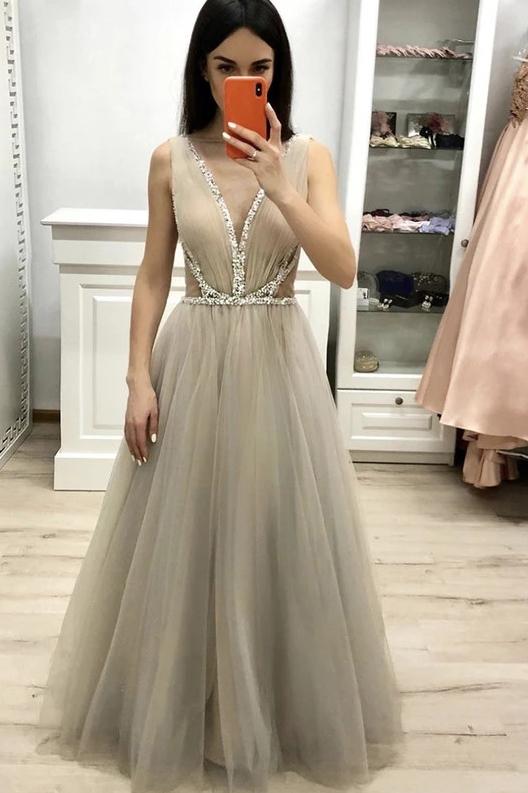 Deep v neck long prom dress with beading, a line tulle long graduation dress mg140