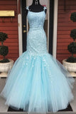 Princess spaghetti straps appliqued mermaid prom dresses ruffle formal dress mg114