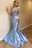 Lace top blue two pieces prom dresses mermaid party dress mg142