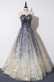 Strapless blue floral print tulle long a line prom dress, graduation dress mg143