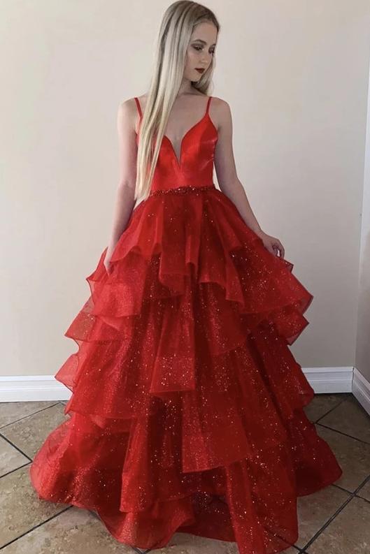 Sparkly red v neck tulle sweet 16 dress, sequins long princess prom dress mg141