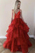 Sparkly red v neck tulle sweet 16 dress, sequins long princess prom dress mg141