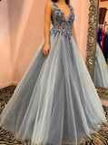 A-line blue floral embellished v-neck long formal prom dresses mg144