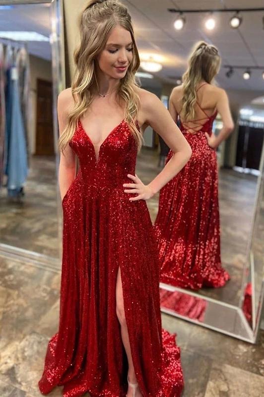 Sparkly red sequins long prom dress, a line v neck backless evening gown with split mg145