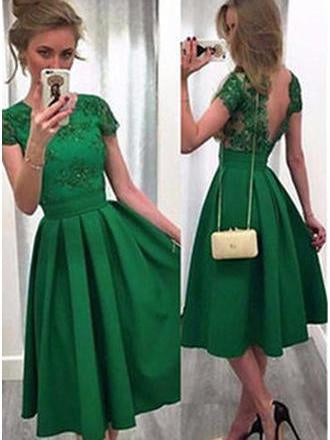 a line scoop cap sleeve satin green cocktail party dresses with v back