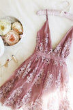 pink tulle a line short homecoming dress lace appliqued v neck party dress