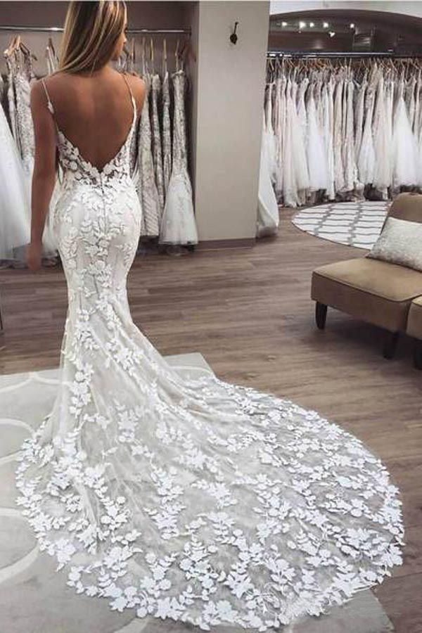 lace spaghetti straps v neck backless sweep train mermaid wedding dress
