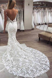 Lace Spaghetti Straps V-neck Backless Sweep Train Mermaid Wedding Dress, PW459