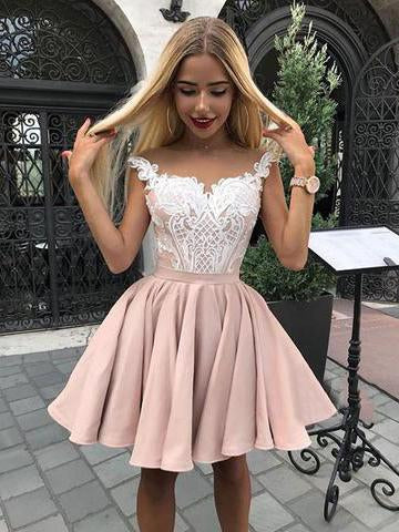 homecoming dress with lace bodice satin straps short prom dress