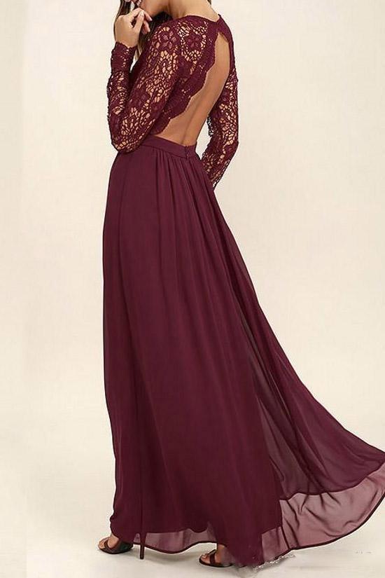 flowy lace chiffon v neck backless long sleeves burgundy bridesmaid dresses