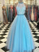lace high neck floor length tulle blue long prom dresses with beading