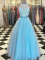 Lace High Neck Floor Length Tulle Blue Long Prom Dresses With Beading MP836