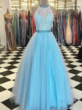 lace high neck floor length tulle blue long prom dresses with beading